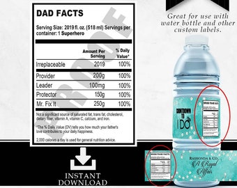 Etiqueta corta de información nutricional de papá - Etiqueta personalizada - Día del padre - Hombre - Etiqueta de botella de agua - Imprimible - Etiquetas - Favor de fiesta - Favor personalizado