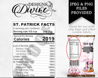 St. Patrick's Day Nutrition Facts Label - Custom Label - Chip Bag - Water Bottle - Candy Label - Printable - Party Favor - Custom Favors