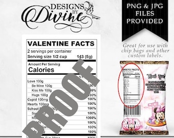 Información nutricional del Día de San Valentín para niños - Etiqueta personalizada - Bolsa de papas fritas - Etiqueta de caramelo - Imprimible - Favor de fiesta - Favores personalizados - Datos nutricionales
