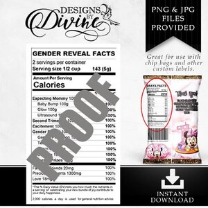May include: Digital design for gender reveal party favors. Includes a nutrition facts label with fun facts and a chip bag design featuring Minnie Mouse. The design is available as PNG and JPG files for instant download.