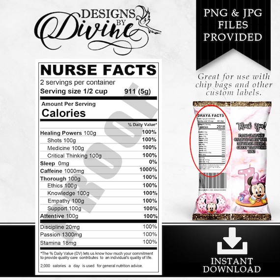 Nurse Nutritional Facts Label - Custom Label - Chip Bag - Water Bottle Label - Candy Label - Printable - Label - Party Favor - Custom Favors