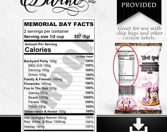 Etiqueta de información nutricional del Día de los Caídos - Etiqueta personalizada - Bolsa de papas fritas - Etiqueta de botella de agua - Etiqueta de caramelo - Imprimible - Favor de fiesta - Favores personalizados