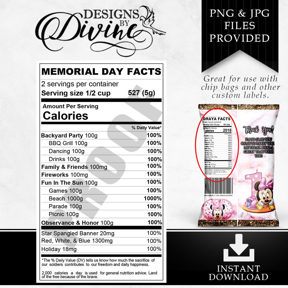 Memorial Day Nutrition Facts Label Custom Label Chip Bag - Etsy Memorial day nutrition facts label custom label chip bag - etsy