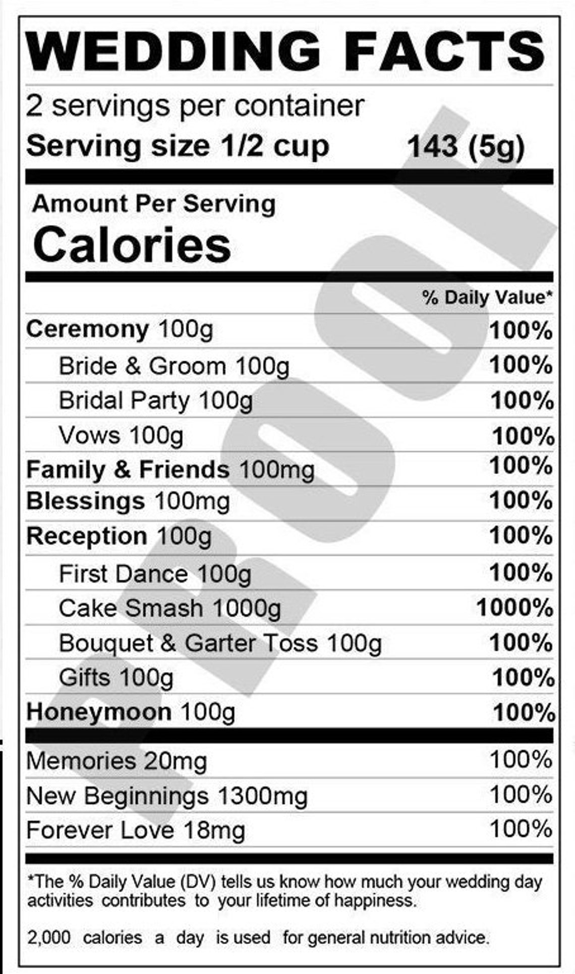Wedding Nutrition Facts Label Custom Label Chip Bag Water Bottle Label