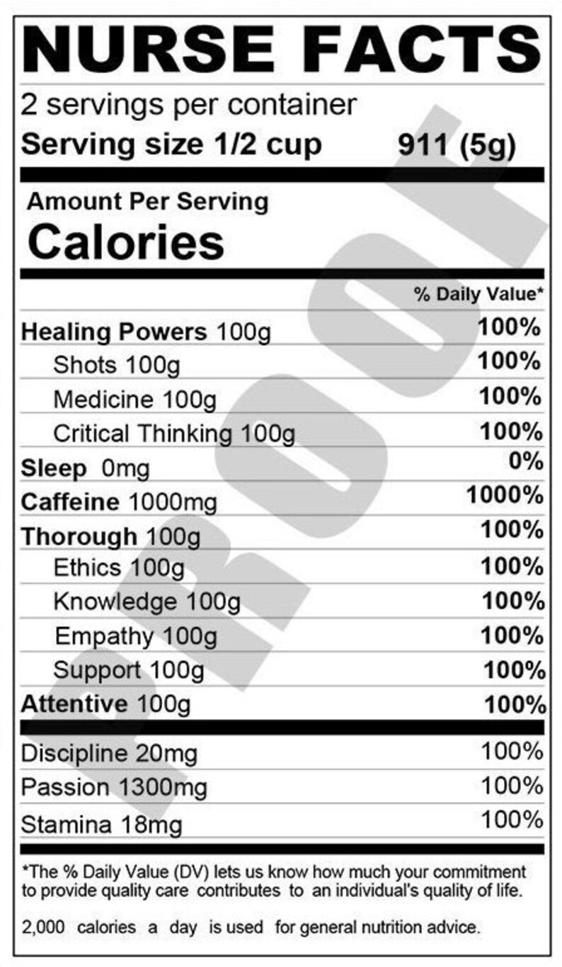 Nurse Nutritional Facts Label - Custom Label - Chip Bag - Water Bottle Label - Candy Label - Printable - Label - Party Favor - Custom Favors image 2