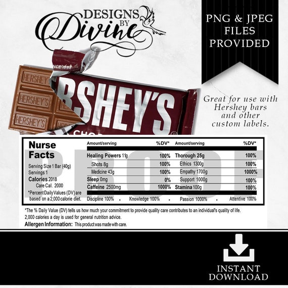 Hershey Nurse Nutrition Facts Label - Custom Label - Hershey Bar - Candy Bar - Candy Label - Printable - Party Favor - Custom Favors