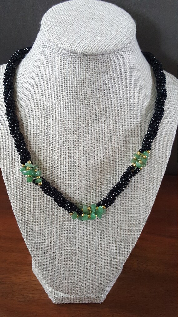 Vintage Black Bead and Green Jade Necklace - image 6