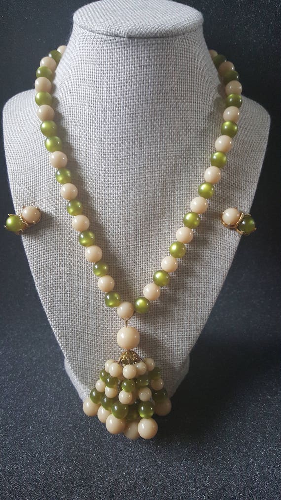 Vintage Green and Cream Tassel Bead Necklace Earri