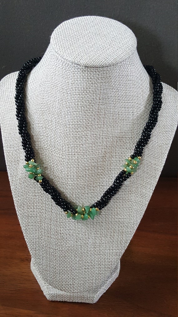 Vintage Black Bead and Green Jade Necklace