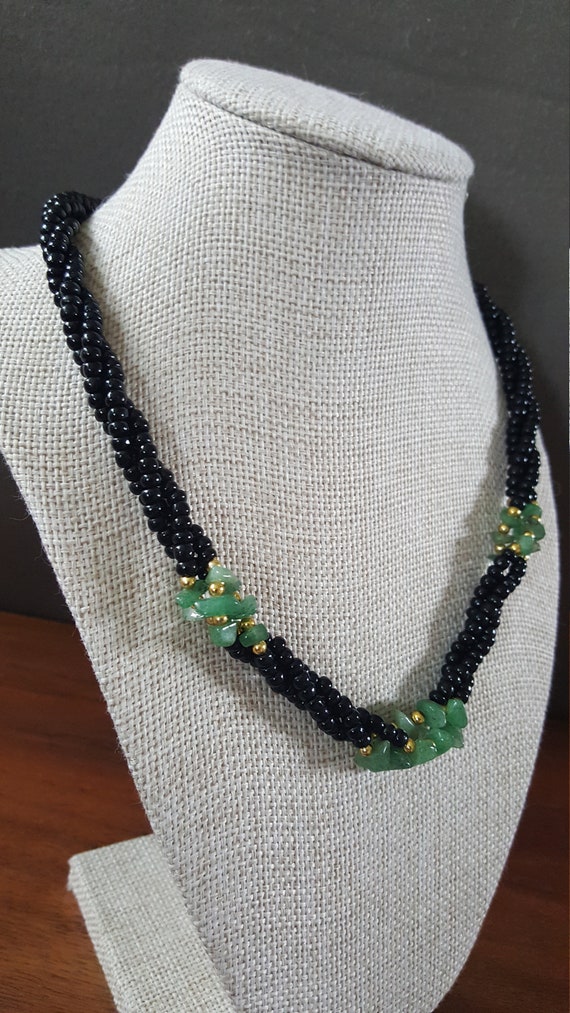 Vintage Black Bead and Green Jade Necklace - image 5