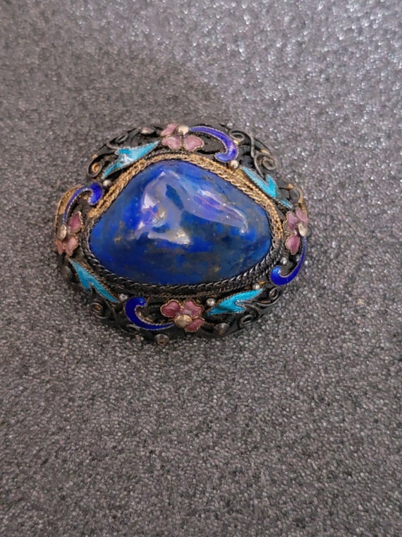 Vintage Chinese Lapis Cloisoone Silver Brooch, En… - image 9