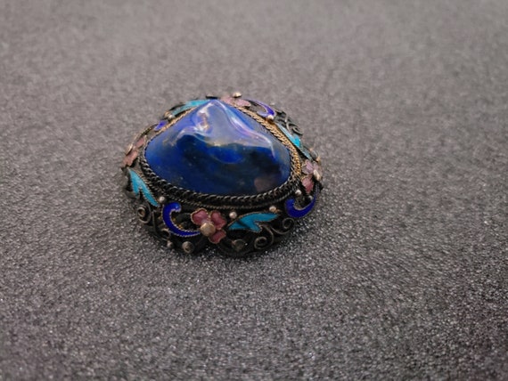 Vintage Chinese Lapis Cloisoone Silver Brooch, En… - image 1