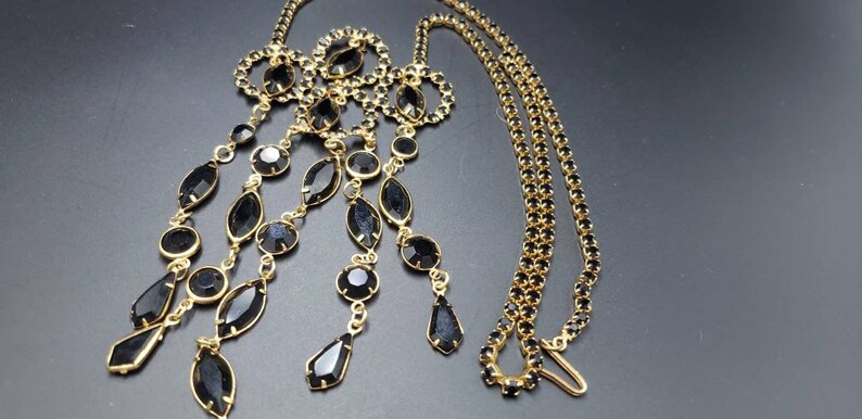 Vintage Black Rhinestone Gold Tone Necklace