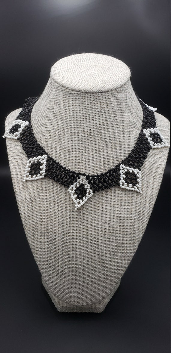 Vintage Black and White Woven Beaded Collar Bib N… - image 1