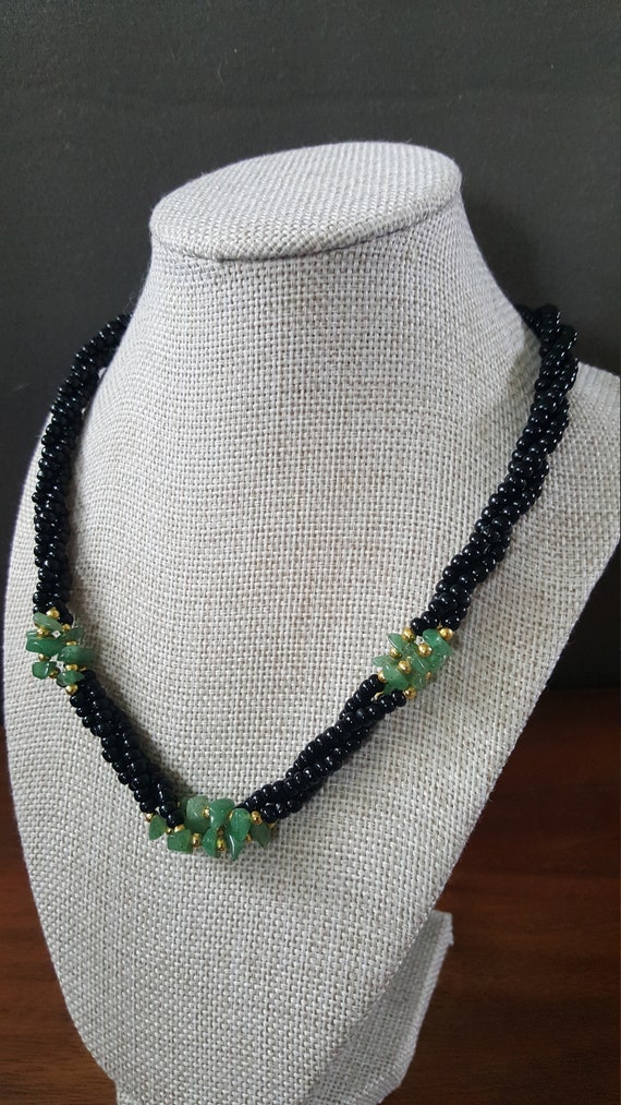 Vintage Black Bead and Green Jade Necklace - image 4