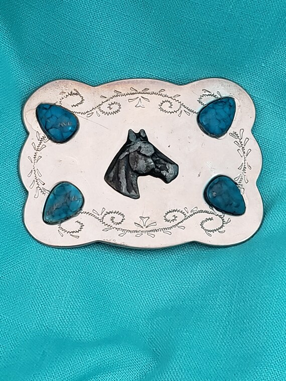 Vintage Southwestern Horse Faux Turquoise 3" Belt… - image 3