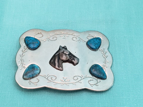 Vintage Southwestern Horse Faux Turquoise 3" Belt… - image 1