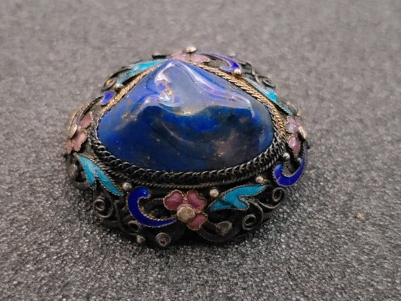 Vintage Chinese Lapis Cloisoone Silver Brooch, En… - image 10