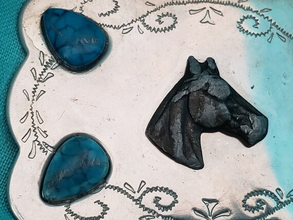 Vintage Southwestern Horse Faux Turquoise 3" Belt… - image 6