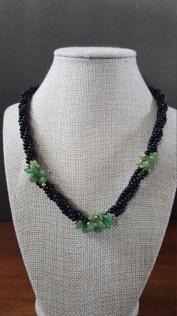 Vintage Black Bead and Green Jade Necklace - image 2