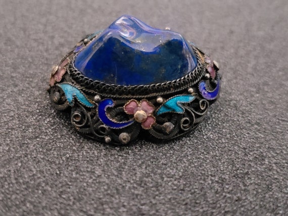 Vintage Chinese Lapis Cloisoone Silver Brooch, En… - image 3