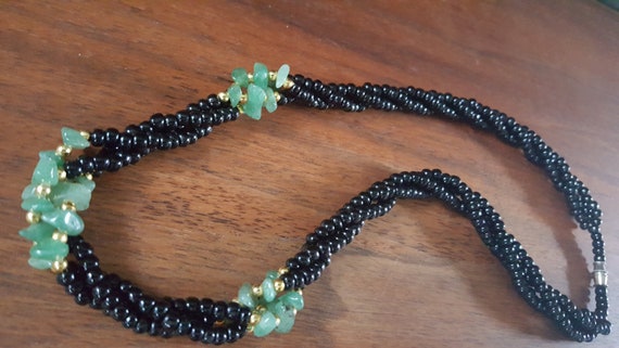 Vintage Black Bead and Green Jade Necklace - image 8