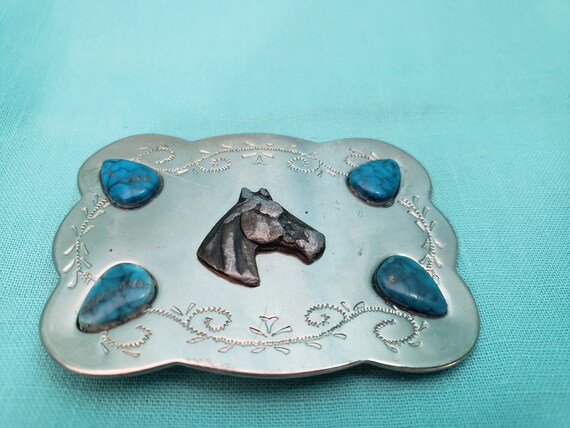 Vintage Southwestern Horse Faux Turquoise 3" Belt… - image 2