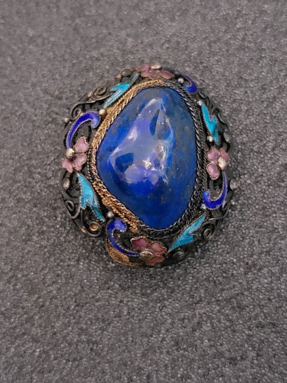 Vintage Chinese Lapis Cloisoone Silver Brooch, En… - image 2