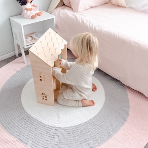 Round Nursery Rugs - Blush Pink, grey + White - perfect for a baby girl nursery made with thick and super soft 100% cotton wool