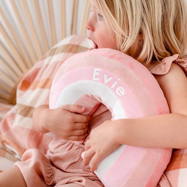 Kids Rainbow Shaped Cushion  - in rainbow colours, pinks, blues, greys + earth tones