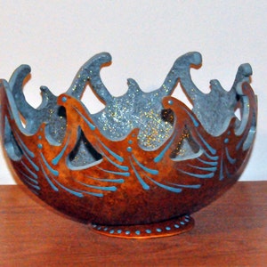 Handcrafted Gourd Bowl, Ocean Theme, Carved Waves, Wave Pattern