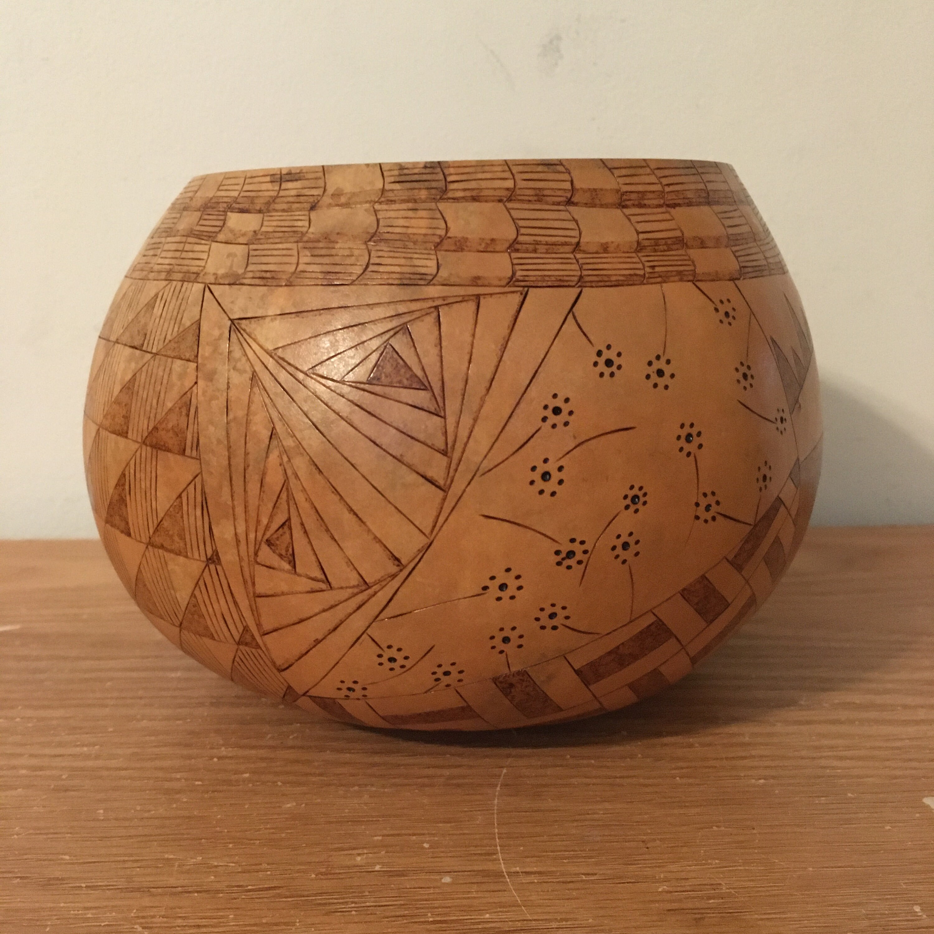 Handcrafted Gourd Bowl, Chip Carving, Rosette With Stone