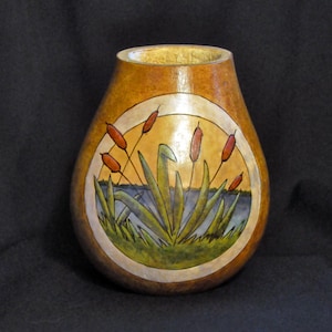 Handcrafted Vase, Natural Gourd Vase, Organic Container, Natural, Organic, Decorative Gourd Art, Nature Scene,  Cattail Scene
