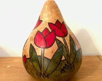 Decorative Tulip Gourd, Gourd with Tulips, Red Tulip Art, Real Gourd, Red Flowers on Gourd, Conversation Piece, Natural Gourd, Gourd Art