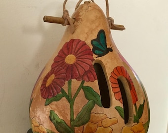Handcrafted Gourd Butterfly House: Wood-Burned Flower Garden Decor