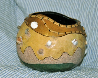 Handcrafted Bowl, Beach Theme, Sandy Texture, Sea Grass, Sea Shells, made from a Gourd