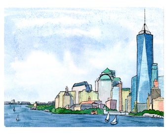 One World Trading Center, Freedom Tower, Lower Manhattan, New York City, watercolor painting, art print