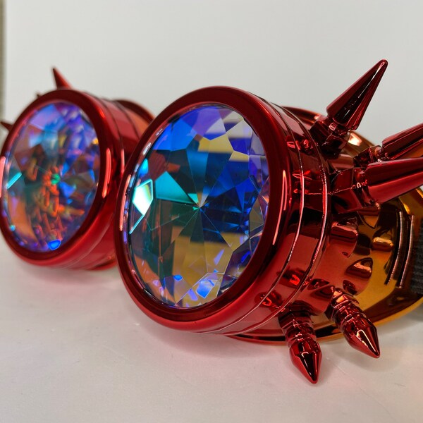 Kaleidoscope Glasses Steampunk Goggles Music Trippy Psychedelic Rave festival costume - Cosplay Glasses (Removable lens) red orange