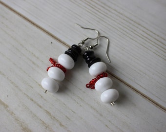 Beaded Snowman Earrings with Red Scarf
