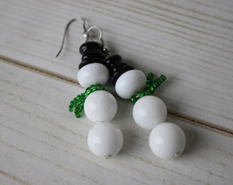 Beaded Snowman Earrings with Green Scarf