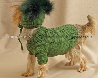 Handmade Wool Dog Sweater & Hat Set: Yorkshire Terrier Outfit XS
