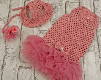 Conjunto de vestido e chapéu de crochê para cachorro: roupinhas rosa de algodão para filhotes, tamanho PP