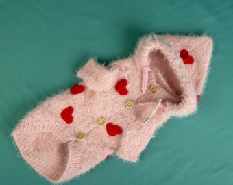 Hand-Crocheted Wool Dog Sweater with Hood – Heart Pattern Pet Outfit