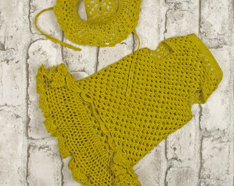 Crochet Dog Dress with Hat: Handmade Pet Clothes, Size XS, Knitted Pet Coat