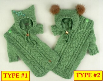 Suéter de lã feito à mão para cachorro com gorro: Roupa verde para filhote (tamanho PP), casaco de tricô para animais de estimação