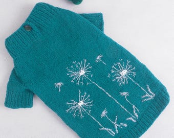 Handmade Knitted Dog Sweater: Dandelion Embroidery, Personalized Leather Label