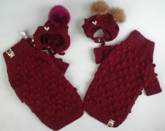 Suéter de lã feito à mão para cães com gorro de pompom de pele de raposa: Roupa para animais de estimação de pequeno porte