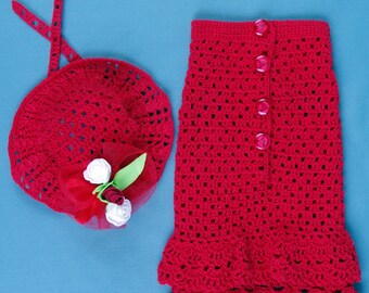 Vestido de crochê feito à mão para cachorro com chapéu: Roupa vermelha de algodão para animais de estimação (XXS)