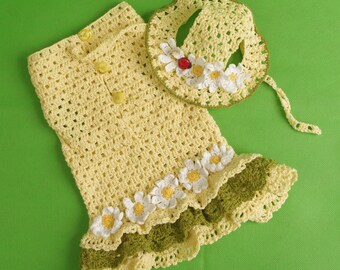 Conjunto de vestido e chapéu para cachorro em algodão tricotado à mão - Roupa de crochê para filhotes, casaco de tricô para animais de estimação