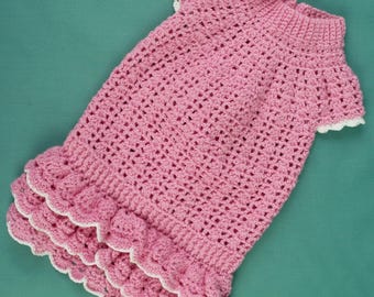 Vestido de crochê feito à mão para cachorro: roupinha rosa de algodão tricotado para filhotes, casaco de tricô para animais de estimação